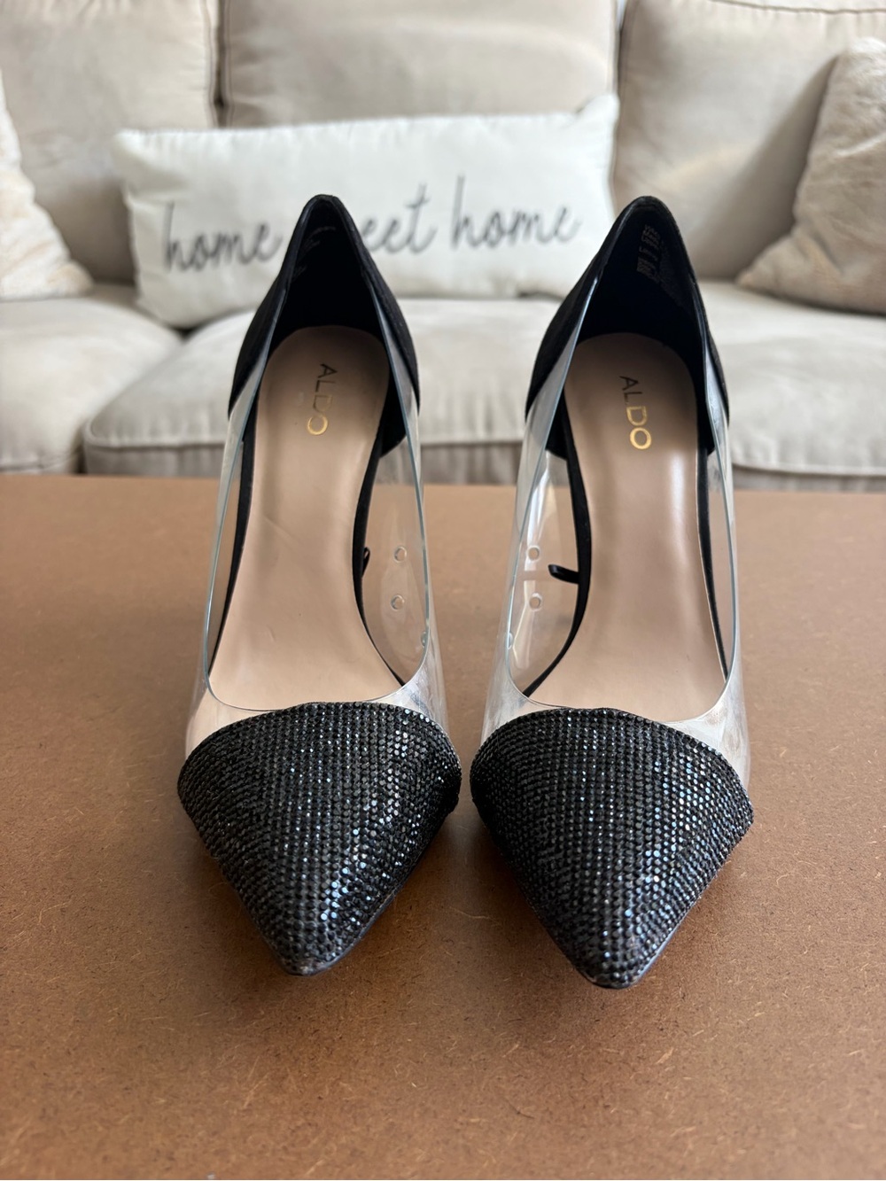 Aldo Black Crystal Pointed Toe Clear Panel Pumps